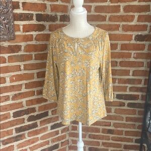 Yellow and White Boxy Floral Blouse with Three-Quarter Sleeves